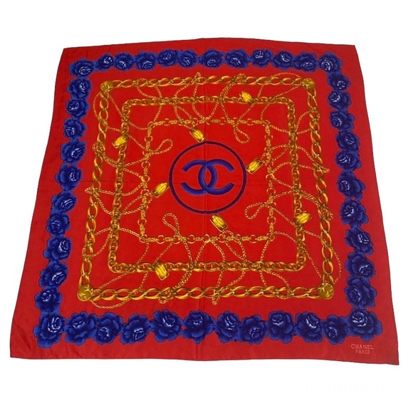 CHANEL Accessories - Chanel Paris Red Silk Scarf Flower Chain Detail